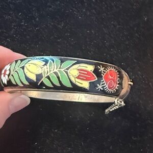 Floral Enamel Siam Sterling Bangle Bracelet